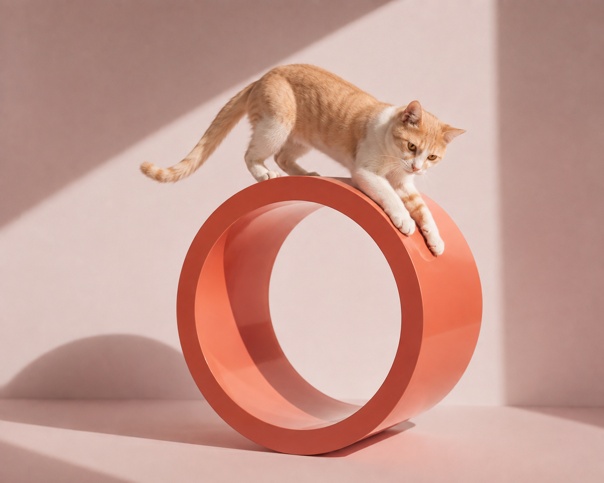Orange cat testing a round cat wheel